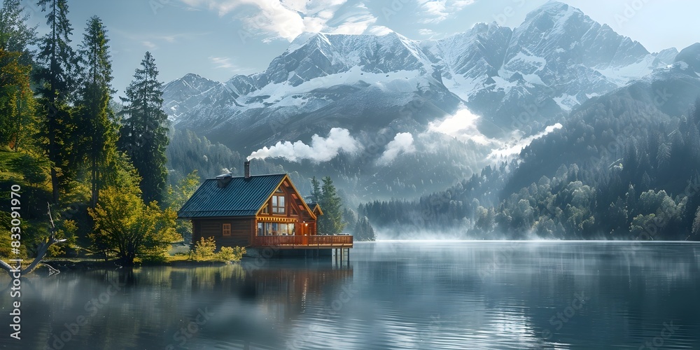 Fototapeta premium Cozy Mountain Cabin by Serene Lake with Smoking Chimney Peaceful Landscape Scenery