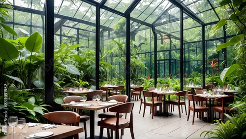 Modern Greenhouse Restaurant with Lush Tropical Plants