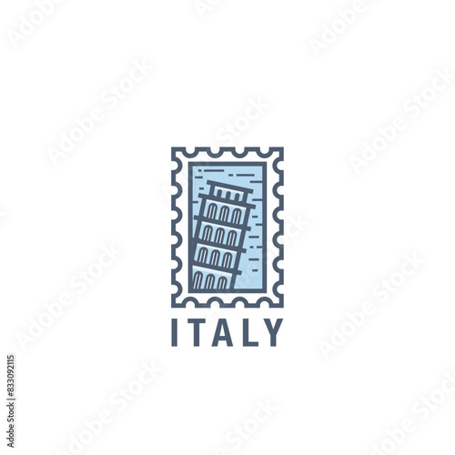 Italy, Pisa tower vector logo in stamp style. Thin line pictogram, skyline emblem graphic