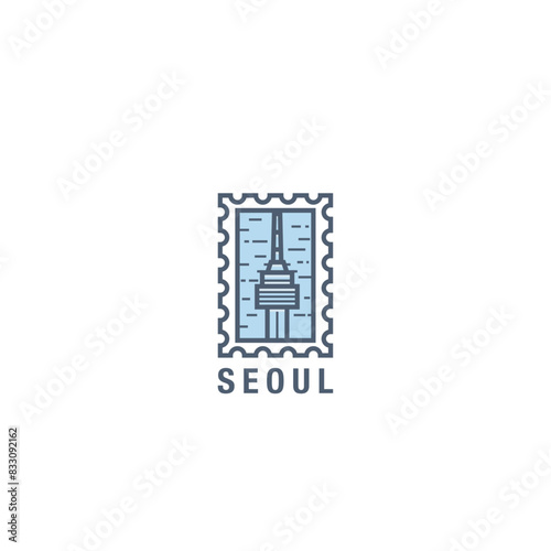 Seoul, South Korea tall tower, skyscraper vector logo in stamp style. Thin line pictogram, skyline emblem graphic for sightseeing