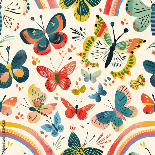 seamless pattern of colorful butterflies and rainbow arch