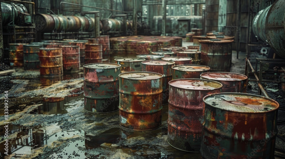 Chemically polluted site with barrels of toxic waste Chemically polluted site with barrels of toxic waste