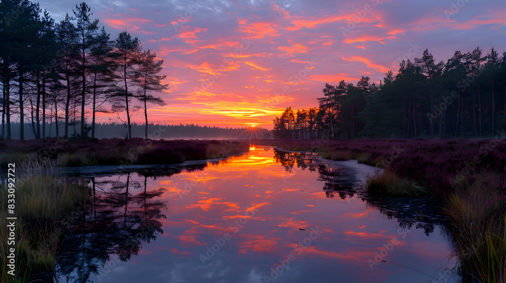 An ultra HD view of a nature peatland at sunrise, the sky glowing with vibrant colors and the water reflecting the light
