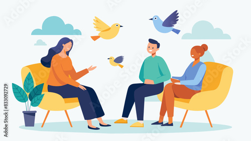 A therapy session for individuals with PTSD involves spending time with birds as the peacefulness and rhythmic chirping help to soothe and regulate. Vector illustration