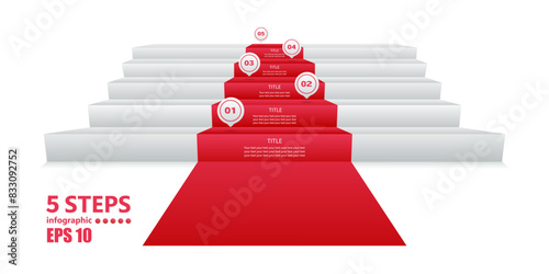 Business infographics in the form of a staircase of 5 steps covered with a red carpet. 3 D. Vector illustration.