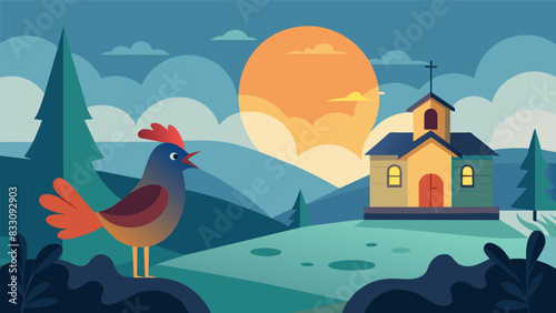 The serene stillness of the morning broken by the sound of a tet calling the congregation to worship.. Vector illustration