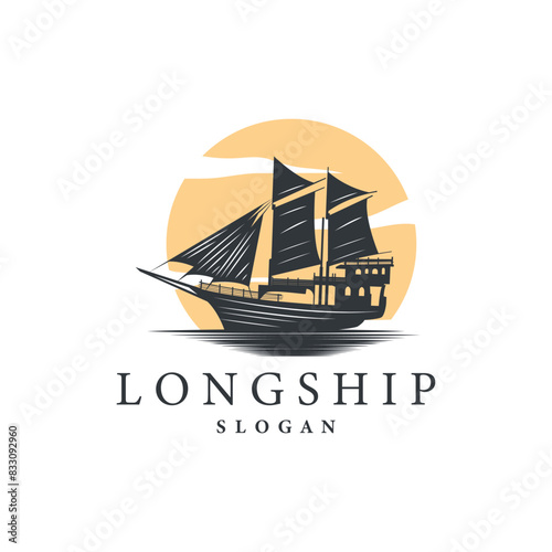 vintage viking longship warship logo traditional ocean sailboat silhouette design