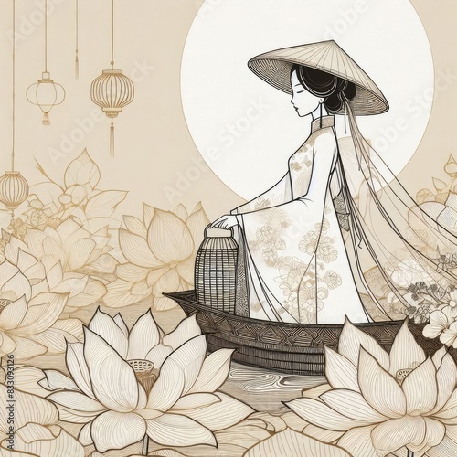 Vietnamese beauty elegant Figure Amidst a Floral Fantasy with Generative AI. photo