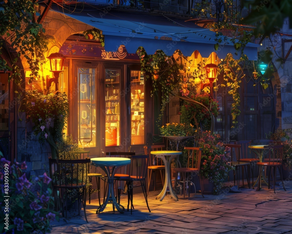 Obraz premium A cozy cafe with tables and chairs on the sidewalk at twilight. String lights illuminate the building and plants surround the entrance.