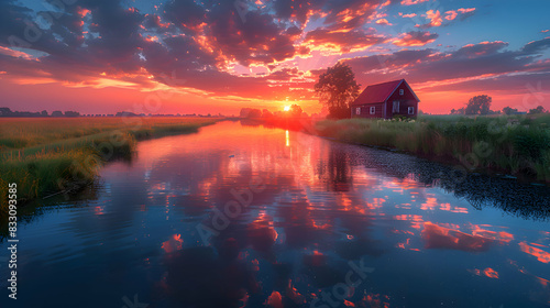 An ultra HD view of a nature fen at sunrise, the sky glowing with vibrant colors and the water reflecting the light photo