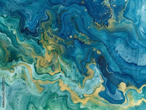Abstract blue and green marbled background with gold accents
