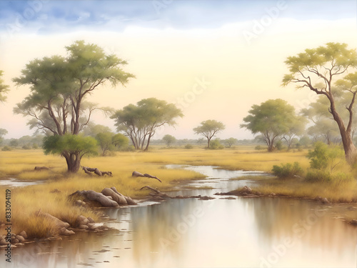 Moremi Game Reserve Botswana Country Landscape Watercolor Illustration Art	 photo