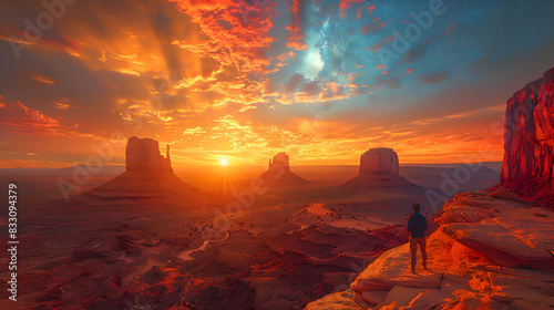 An ultra HD view of a nature butte at sunrise, the sky glowing with vibrant colors and the rock formations casting long shadows photo