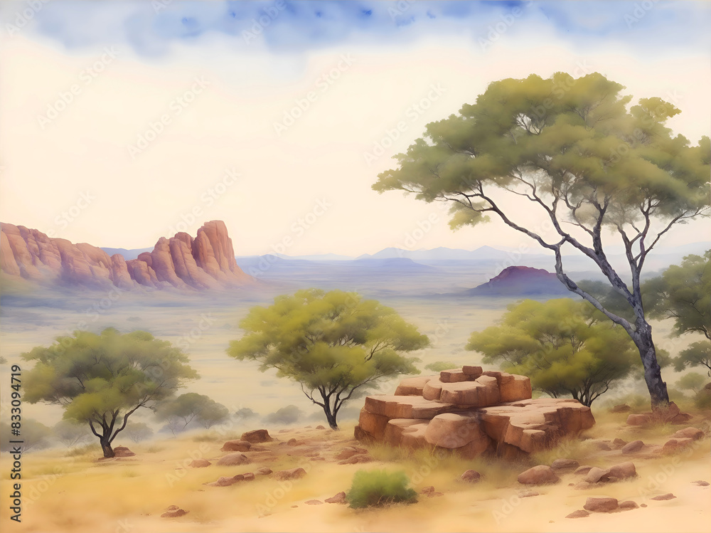 Tsodilo Hills Botswana Country Landscape Watercolor Illustration Art	