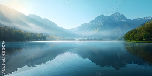 Tranquil Mountain Lake at Sunrise with Serene Reflections and Misty Atmosphere