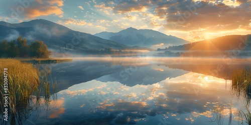 Majestic Mountain Lake Reflecting Glorious Sunrise Hues in Tranquil Serene Landscape