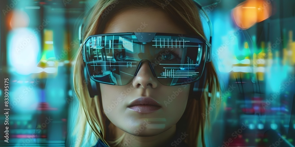 Businesswoman Analyzing Futuristic Data Through Augmented Reality Glasses in Cityscape Businesswoman Analyzing Futuristic Data Through Augmented Reality Glasses in Cityscape