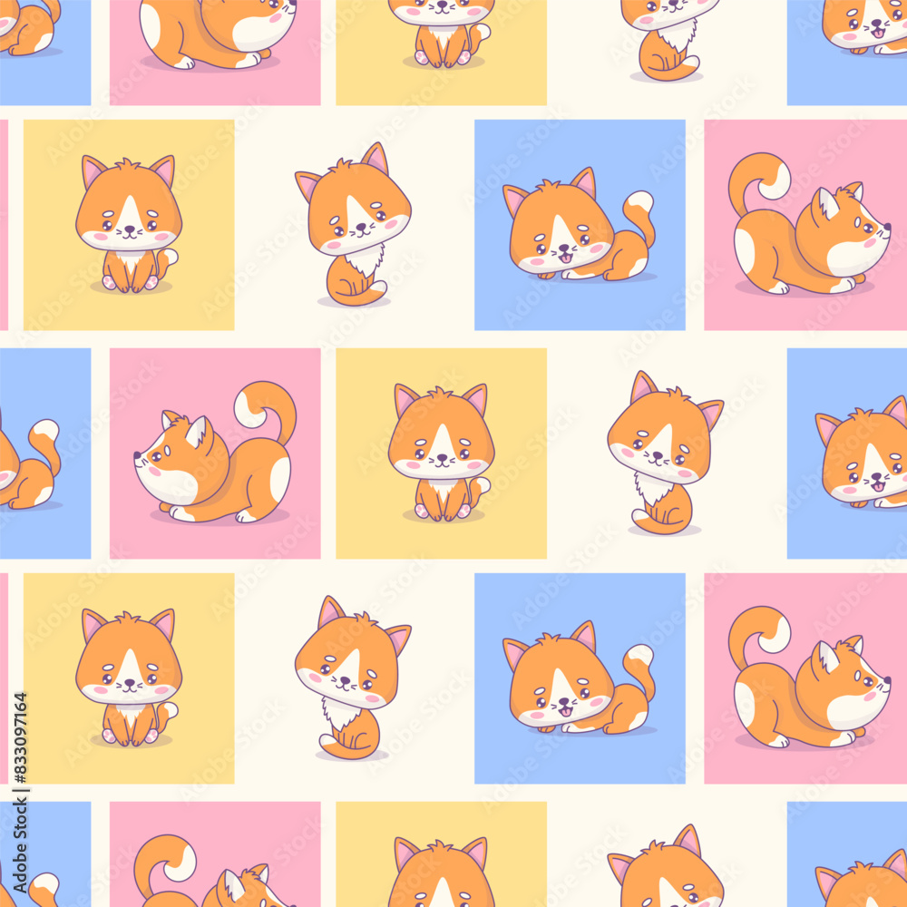 Seamless pattern with cute cats on colorful square background. Funny cartoon kawaii pet. Vector illustration. Kids collection