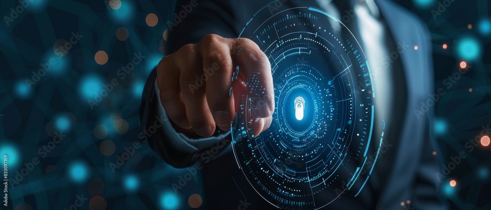Businessman login with fingerprint scanning technology Businessman login with fingerprint scanning technology
