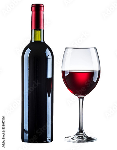 Foto Bottle of Red Wine and Glass of Wine, isolated on transparent or white backgroun
