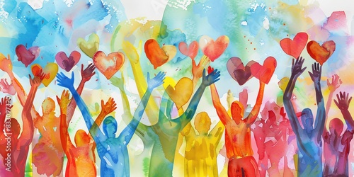 The image shows a group of people of different colors holding up red heart-shaped balloons in the air.