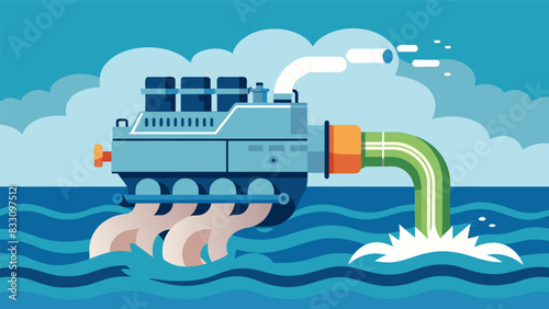 The exhaust pipes of the marine diesel engine spit out a steady stream of water as the ship plows through choppy seas.. Vector illustration