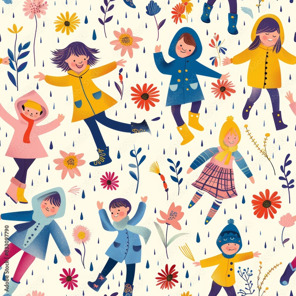 seamless pattern of children wearing raincoats and colorful boots