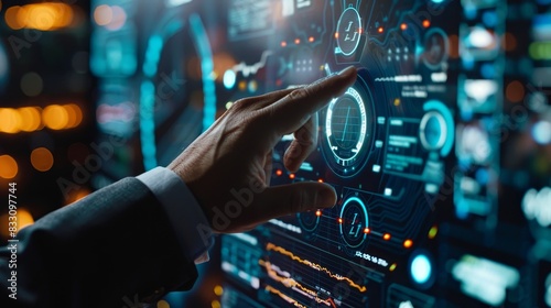 Business and Finance Concept : Business man using computer hand close up futuristic cyber space decentralized finance