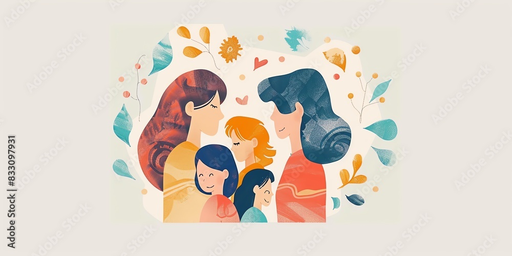 Fototapeta premium A colorful drawing of a family with a woman in the middle and two children on either side. The drawing conveys a sense of warmth and togetherness
