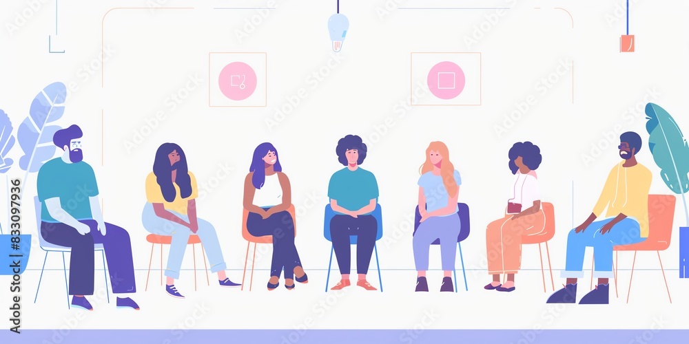 Fototapeta premium A group of people sitting in chairs in a room. Scene is one of togetherness and support