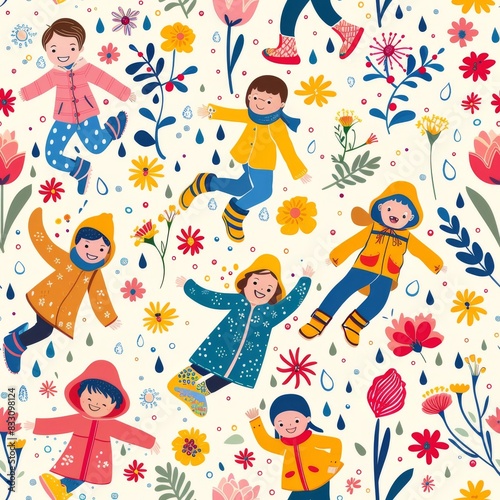 seamless pattern of children wearing raincoats and colorful boots