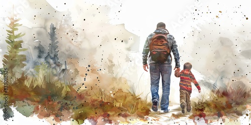 The watercolor painting shows a father and son hiking in the woods. photo