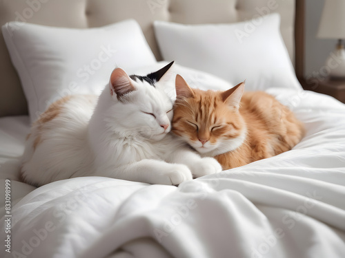 lovely two cats sleeping together on the bed 