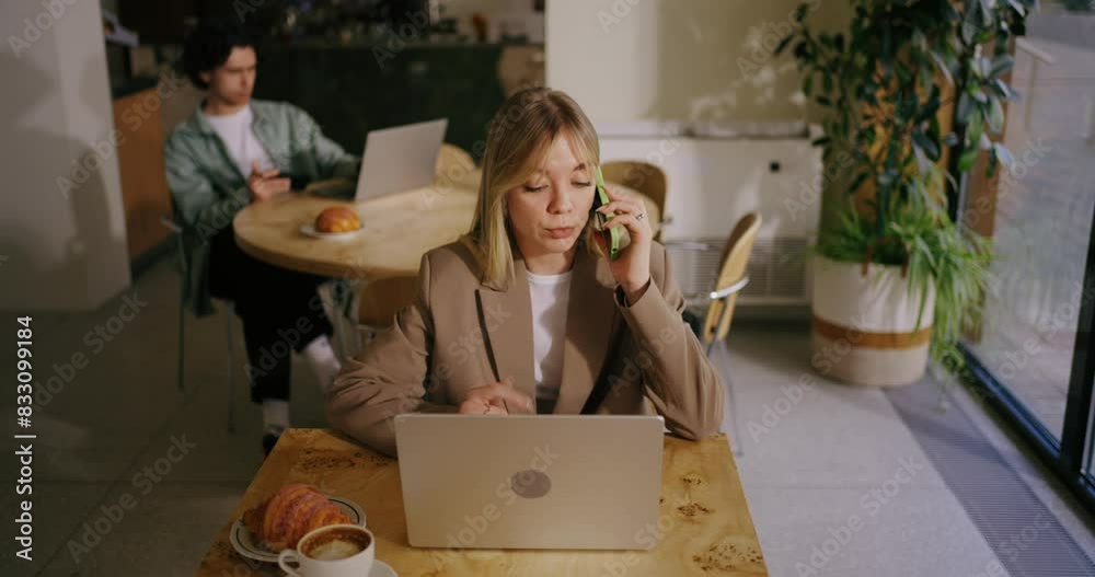 Female Freelancer Working Out Of Office, Portrait Of Lady With Smartphone And Laptop In Cafe Female Freelancer Working Out Of Office, Portrait Of Lady With Smartphone And Laptop In Cafe