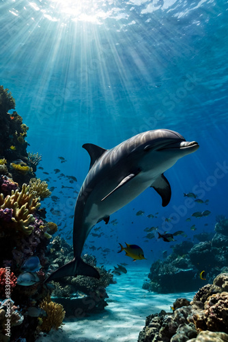 Dolphin (Delphinidae) mammal swimming in tropical underwaters. Silhouette Dolphin in underwater wild animal world. Observation of wildlife ocean. Scuba diving adventure in Ecuador coast. Copy space