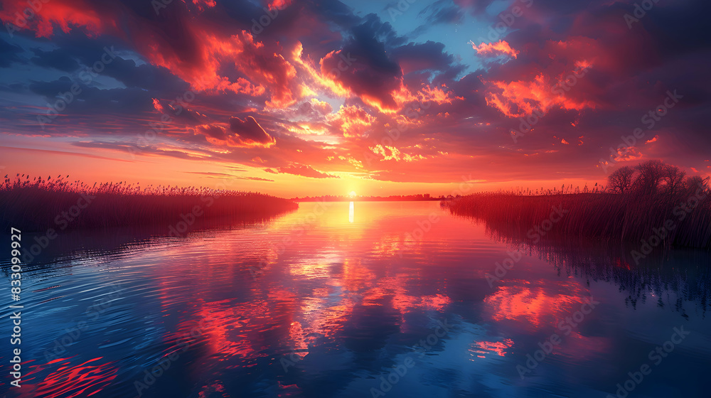 Fototapeta premium An ultra HD view of a nature delta at sunrise, the sky glowing with vibrant colors and the water reflecting the light