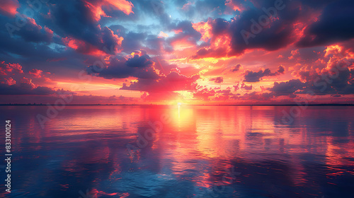 An ultra HD view of a nature lake at sunrise  the sky and water glowing with vibrant colors