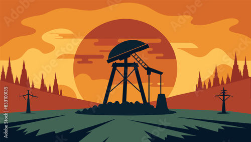 In the distance a weathered oil well cap glints in the sun representing the harsh and damaging effects of human actions on the environment.. Vector illustration