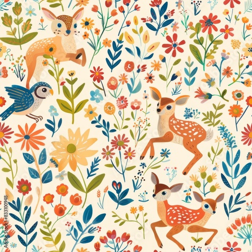 seamless pattern of playful woodland creatures