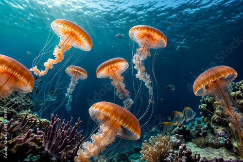 Jellyfish (Cubozoa) swimming in tropical underwaters bottom view. Medusa in underwater wild animal world. Observation of wildlife ocean. Scuba diving in Ecuador coast. Copy text space