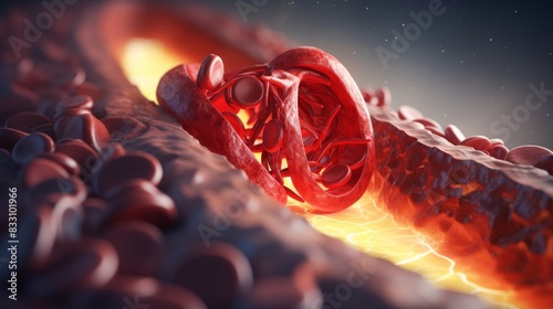 Constricted Artery Due to Cholesterol Build-up - 3D Illustration of Clogged Coronary Artery Plaque photo