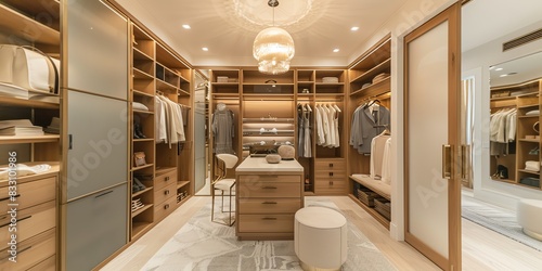 Stylish walkin closet with custom shelving, a dressing area, and chic lighting