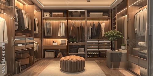 Stylish walkin closet design in an apartment with custom shelving, a dressing area, and chic lighting photo