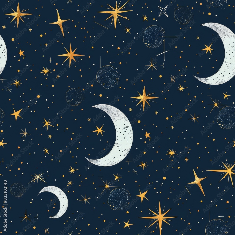Naklejka premium seamless pattern of starry night sky with twinkling stars and a crescent moon