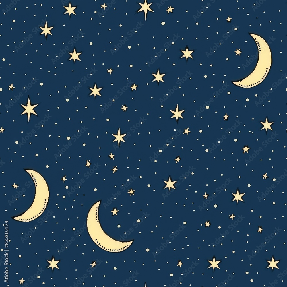 Naklejka premium seamless pattern of starry night sky with twinkling stars and a crescent moon