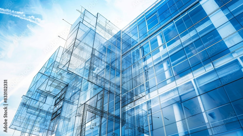 A low angle view of a modern glass building against a bright blue sky. A low angle view of a modern glass building against a bright blue sky.