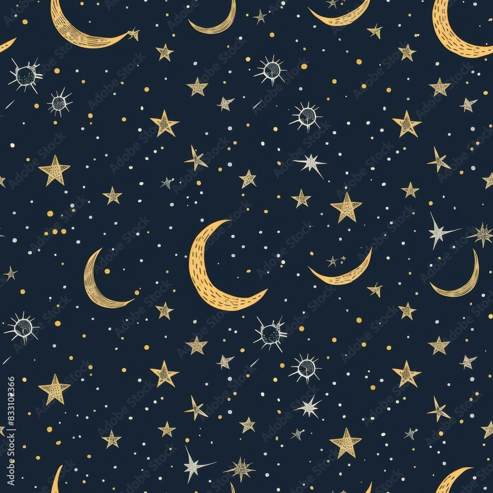 Fototapeta premium seamless pattern of starry night sky with twinkling stars and a crescent moon