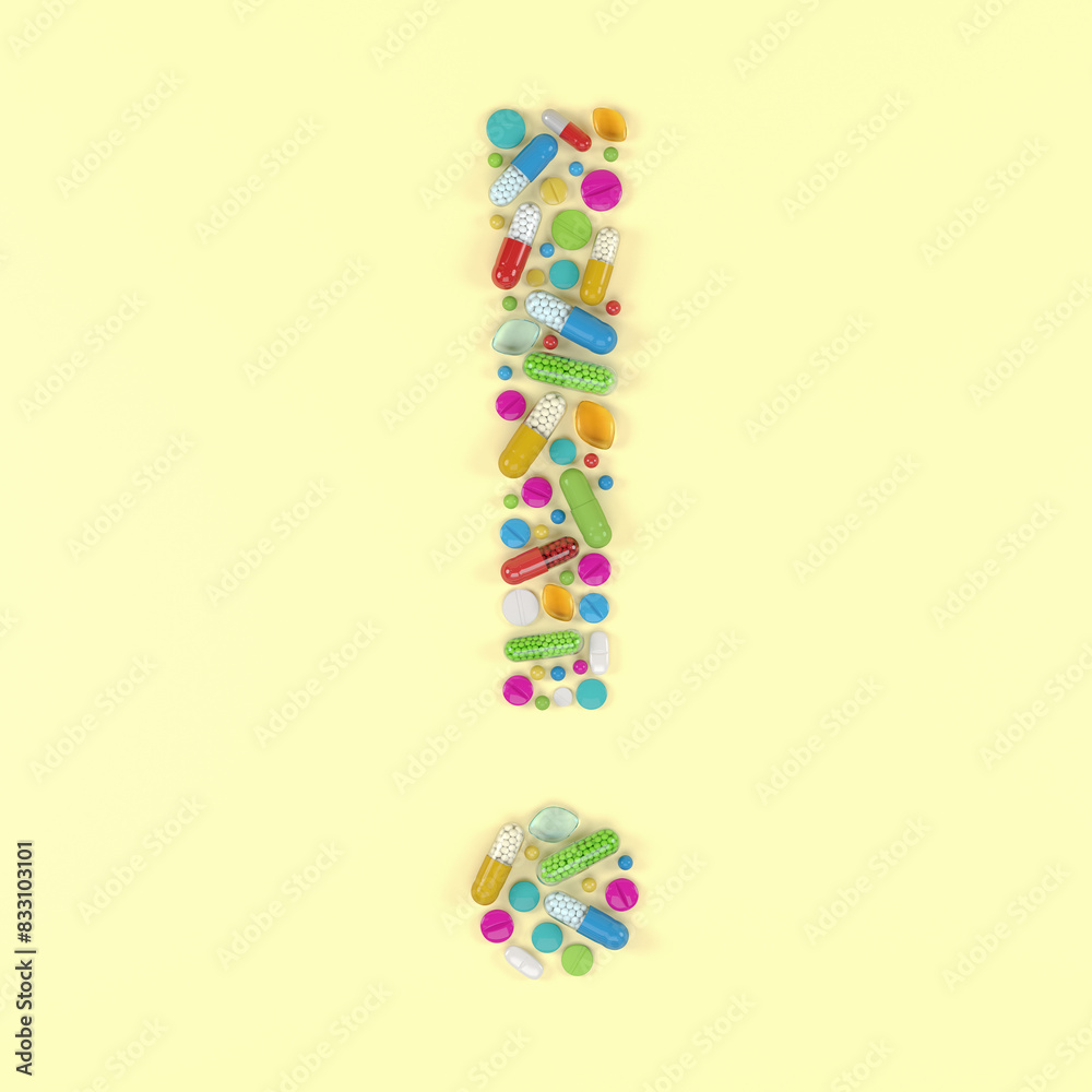 3d render of many colorful medicines and pills in the shape of a exclamation mark on a yellow background - health care concept. 3d render of many colorful medicines and pills in the shape of a exclamation mark on a yellow background - health care concept.