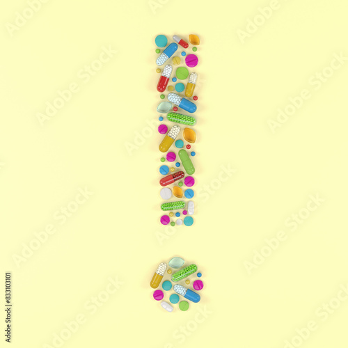 3d render of many colorful medicines and pills in the shape of a exclamation mark on a yellow background - health care concept.