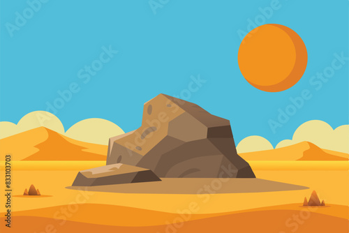 Flat Design Illustration of Rock Stone in Arabian Desert with Sun on Sunny Day vector